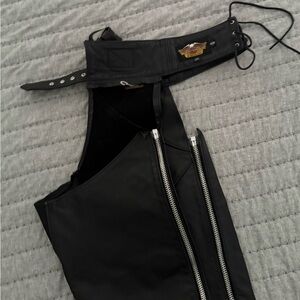HARLEY DAVIDSON Leather Chaps Black Mens Size S Zipper Lace Up Back